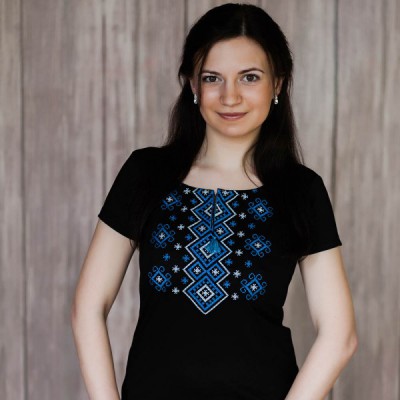 Embroidered t-shirt "Carpathian Ornament Blue on Black"